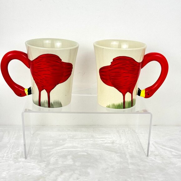 Set 2 Pier 1 Sculpted Fanni Flamingo 3D Red White Coffee Mug Tall 16 oz Hand Pai - Picture 1 of 12